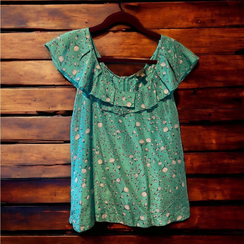 Elegant Teal Silk Sleeveless Top with Whimsical Hot Air Balloon Ruffle Overlay